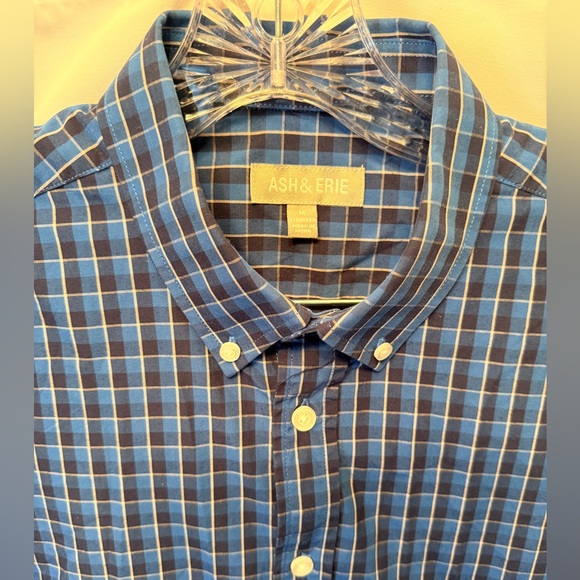 Ash & Erie Men’s Medium Navy Blue Bright Blue Plaid Long Sleeve Button Up Shirt - Picture 2 of 7